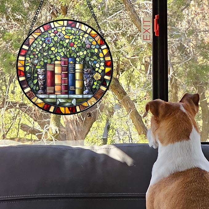Stained Glass Window Hanging Green Plants Flowers Books Large 11.8" - Suncatcher Door Garden Sunroom Sun Catcher Decor Birthday Christmas for Mom Men Woman Nana