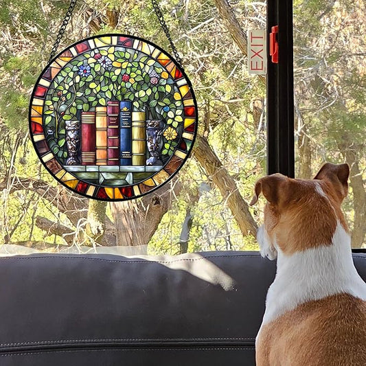 Stained Glass Window Hanging Green Plants Flowers Books Large 15" - Suncatcher Door Garden Sunroom Sun Catcher Decor Birthday Christmas for Mom Men Woman Nana