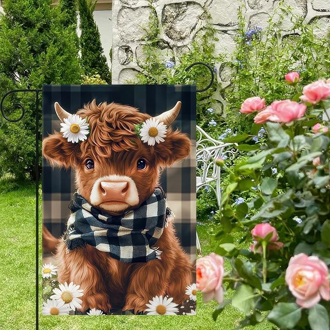 BlissYard Highland Cow Garden Flag 12x18 Inch Double Sided Plaid Daisy Yard Flags Floral Cow Farmhouse Flag Adorable Farm Animal Outdoor Decoration for Seasonal Summer Spring Yard Decor