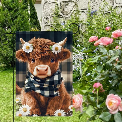 BlissYard Highland Cow Garden Flag 12x18 Inch Double Sided Plaid Daisy Yard Flags Floral Cow Farmhouse Flag Adorable Farm Animal Outdoor Decoration for Seasonal Summer Spring Yard Decor