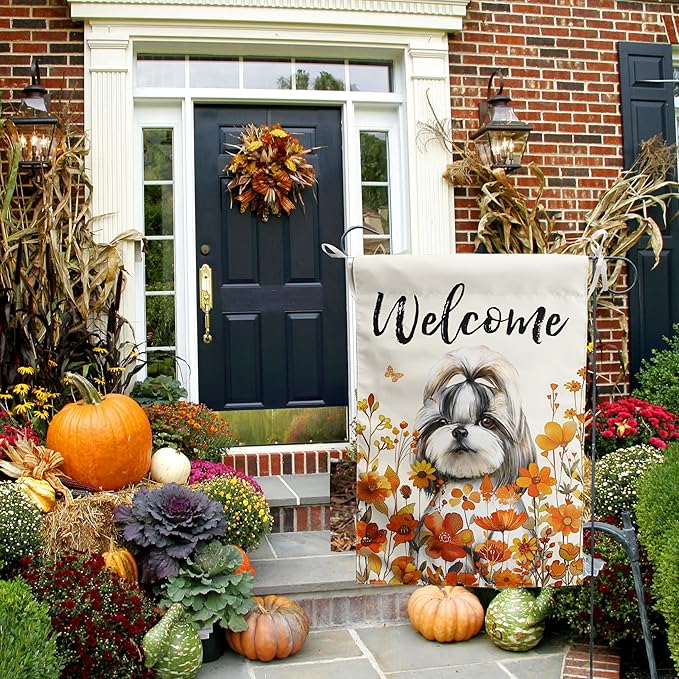 Shih Tzu Fall Garden Flag Autumn Dog Yard Sign Orange Floral Thanksgiving Outdoor Banners for Outside 12x18 Double Sided Small Wild Flower Lawn Decorations