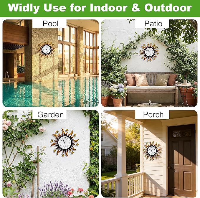 Outable Sun Outdoor Clock Silent No-Ticking Outdoor Clocks Waterproof Decorative Outdoor Clock Thermometer Combo for Patio Garden Outside Decor 13 Inch