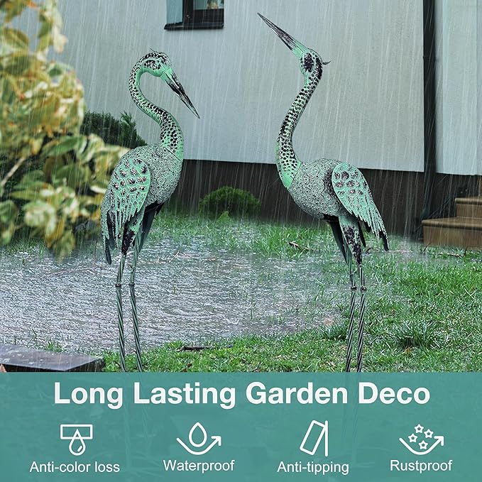 Large Garden Crane Statues & Sculptures - Metal Heron Sculpture Set with Lifelike Patina Bronze Metal Yard Art for Pond, Patio, Lawn - Heron Statue Unique Outdoor Decoration Gift for Women