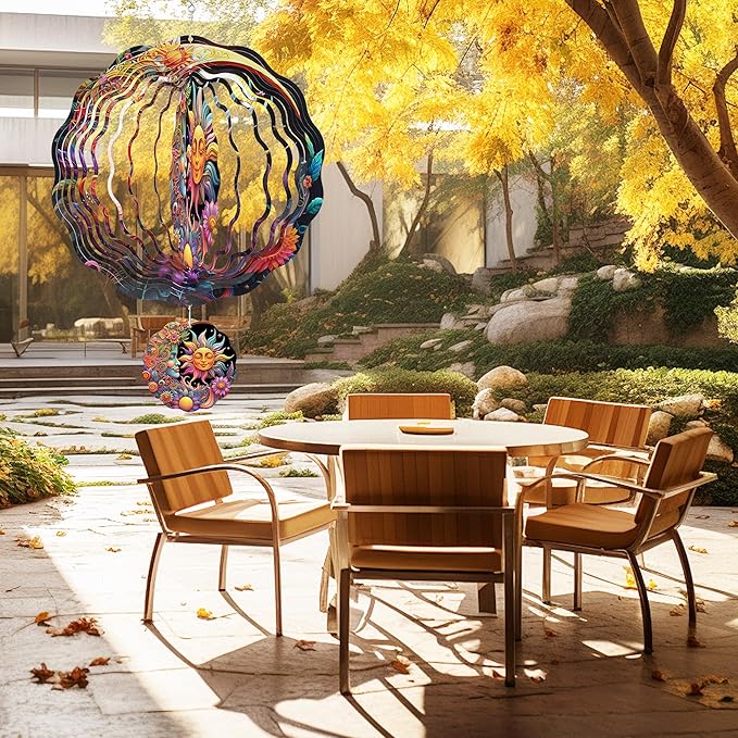 Hanging Wind Spinners Outdoor, 3D Kinetic Metal Wind Spinner with Sun Moon Celestial Boho Design for Garden Yard Decor, Spiritual Gifts for Women Meditation Yoga Lovers