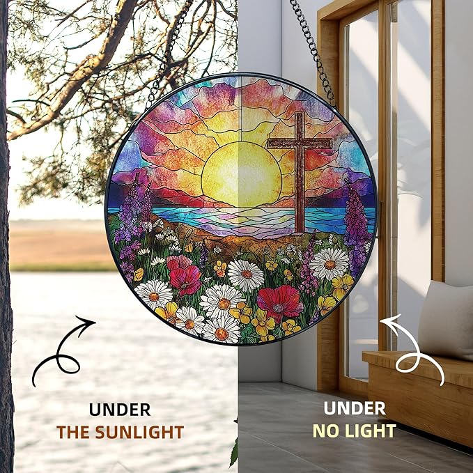 Cross Flower Stained Glass Window Hanging, Cross Suncatchers, Wildflower Christian Easter Sun Catchers Indoor Window Round Glass Wall Art Hanging Decorations, 7.9x7.9in
