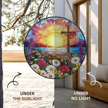 Cross Flower Stained Glass Window Hanging, Cross Suncatchers, Wildflower Christian Easter Sun Catchers Indoor Window Round Glass Wall Art Hanging Decorations, 7.9x7.9in