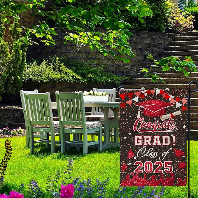 Graduation Garden Flag Class of 2025, Red Congrats Grade Flag for Outside Party Hanging Decorations 12x18 Inch Burlap