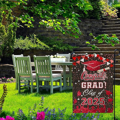Graduation Garden Flag Class of 2025, Red Congrats Grade Flag for Outside Party Hanging Decorations 12x18 Inch Burlap