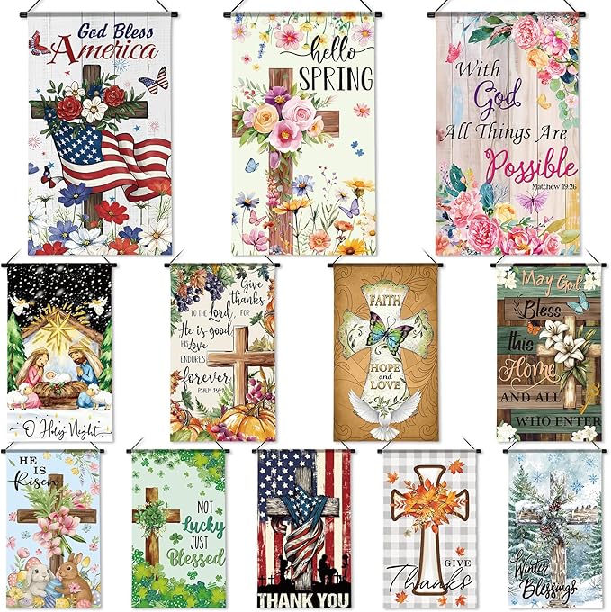 Tegeme 12 Pcs Christian Seasonal Garden Flags Set Hello Spring Door Banner Decorations Religious Cross Door Hanger 12 x 20 Inch 4th of July Hanging Flag for Outside Party Outdoor Indoor