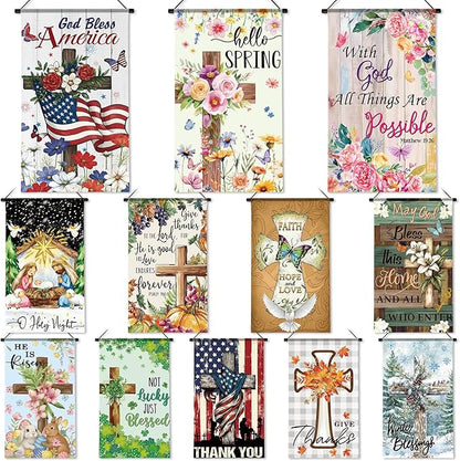 Tegeme 12 Pcs Christian Seasonal Garden Flags Set Hello Spring Door Banner Decorations Religious Cross Door Hanger 12 x 20 Inch 4th of July Hanging Flag for Outside Party Outdoor Indoor
