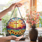 Christian Gifts for Women, Easter Christian Cross Sunflower Suncatcher Stained Glass Window Hanging, Cross Flower Sun Catchers Indoor Window Glass Wall Art Decor, 7.9x7.9 Inch