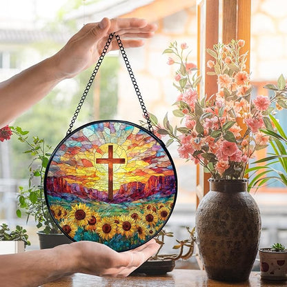 Christian Gifts for Women, Easter Christian Cross Sunflower Suncatcher Stained Glass Window Hanging, Cross Flower Sun Catchers Indoor Window Glass Wall Art Decor, 7.9x7.9 Inch