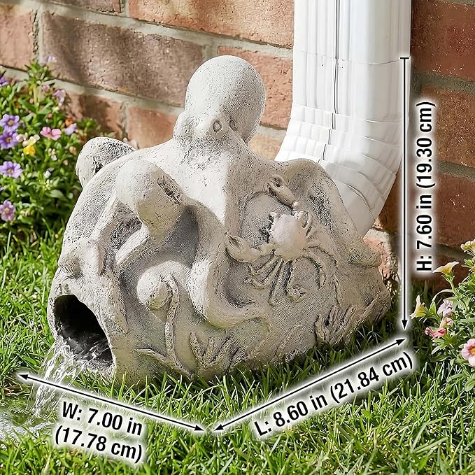 Real Octopus Gutter Downspout Extender Statue, Garden Ornament, Fish Decorative Gutter Extension Downspout, Perfect Rain Diverter for 3"x4" Downspouts, Eco-Friendly Resin, Outdoor Decor Gift