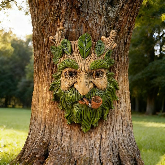 Whimsical Tree Face Garden Statues Outdoor Decor – Funny Old Man Tree Hugger Wall Sculpture with Pipe, Fairy Art Fence Hanging Resin Ornament, Outdoor Wall Mounted Sculpture for Patio Lawn & Home