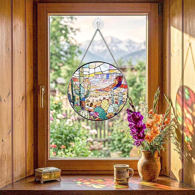 Stained Glass Window Hanging Suncatchers with Desert Cactus 12.6", Vibrant Glass Panel with Metal Chain for Home Decor Gift for Women Mother's Day, Birthday, Men, and Mom