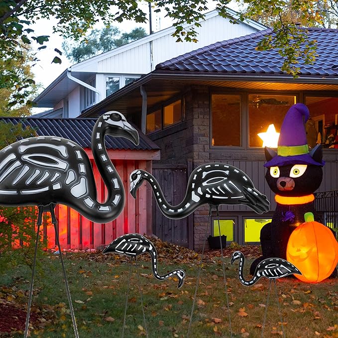 GiftExpress 4-Pack Small Halloween Black Flamingo Skeleton, Zombie Flamingos, Skull Flamingo with Stakes for Halloween Lawn Ornaments, Spooky Graveyard Decorations