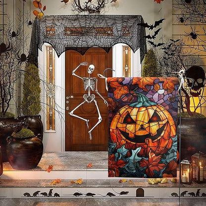 Spooky Pumpkin House Flag Scary Halloween Flags for Outside 28x40 Double Sided Large Stained Glass Fall Garden Flags Autumn Yard Flag for Outdoor Porch Lawn Farmhouse Thanksgiving Decor