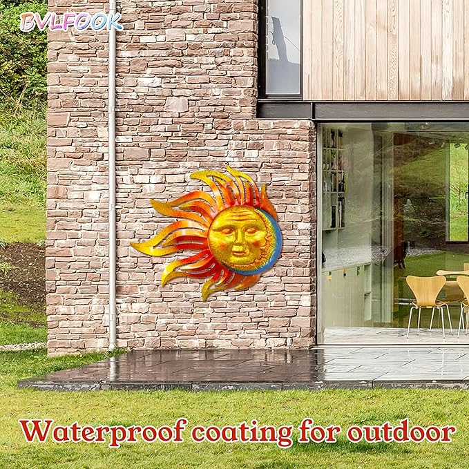 Large Flame Sun Wall Art Decor, 42 inch Metal Wall Decor, Retro Hanging Flame Sun Valentine Wall Decorations for Patio Yard Garden Fence Living Room Bedroom
