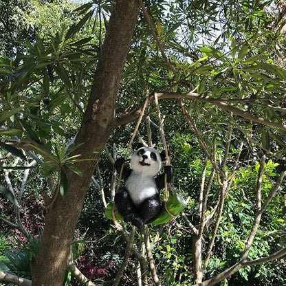 Cute Black and White Panda Swing on Bamboo Creative Statue for Garden Decoration