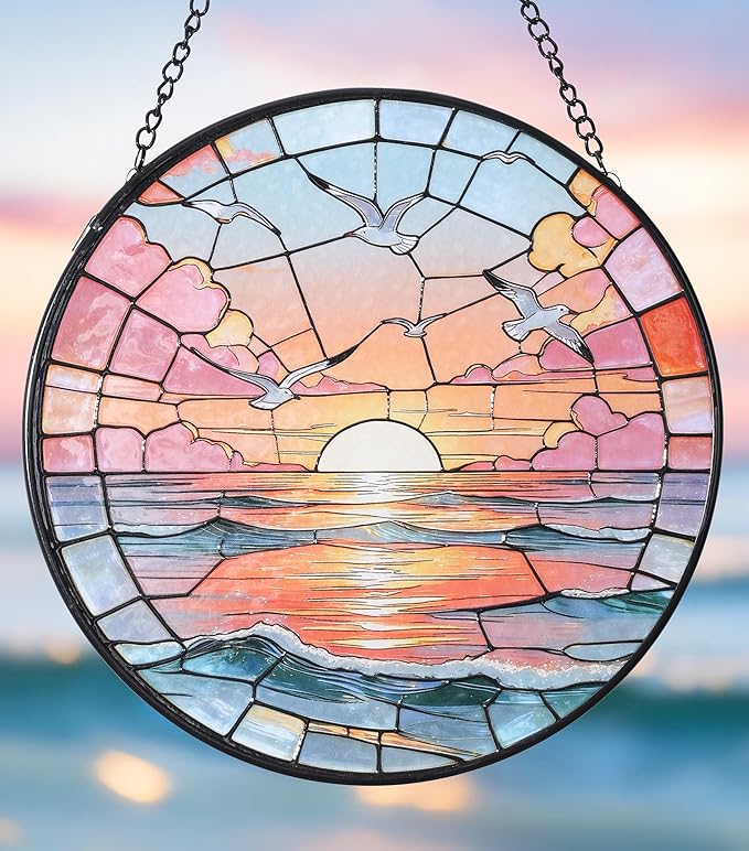 Hanging Stained Glass for Windows,20cm/7.87inch Sea Sunrise Stained Glass Suncatcher with Chain Garden Diamond Glass Panel Hangings Decoration for Home Decor Gifts for Family Friends Colleagues