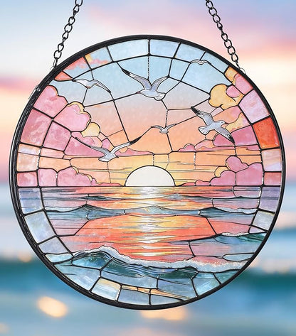 Hanging Stained Glass for Windows,20cm/7.87inch Sea Sunrise Stained Glass Suncatcher with Chain Garden Diamond Glass Panel Hangings Decoration for Home Decor Gifts for Family Friends Colleagues