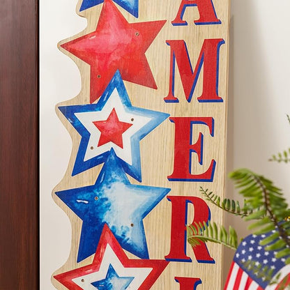 Glitzhome Patriotic Porch Sign, 4th of July Independence Day Welcome Sign with Timer, Memorial Day 42"H Farmhouse Wooden "AMERICA" Porch Decor Hanging Sign Front Door Porch, Standing Home Decor