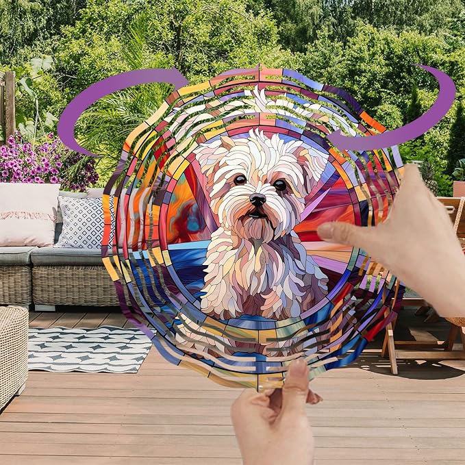 Maltese Dog Wind Spinner Pet Dog Memorial Gifts, Vibrant 3D Kinetic Aluminum Metal Yard Art, Loss of Dogs Sympathy Gifts, Hanging Outdoor Garden Decor, 8" Wind Sculptures for Patio, Porch (Maltese7)