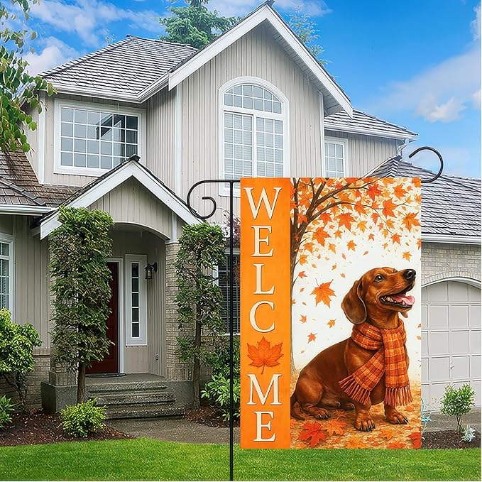 BlissYard Thanksgiving Fall Garden Flag 12x18 Inch Welcome Dachshund Outdoor Flag Double Sided Autumn Yard Banner with Dog and Maple Leaves for Porch Lawn Patio Seasonal Decor