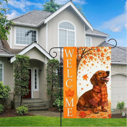 BlissYard Thanksgiving Fall Garden Flag 12x18 Inch Welcome Dachshund Outdoor Flag Double Sided Autumn Yard Banner with Dog and Maple Leaves for Porch Lawn Patio Seasonal Decor