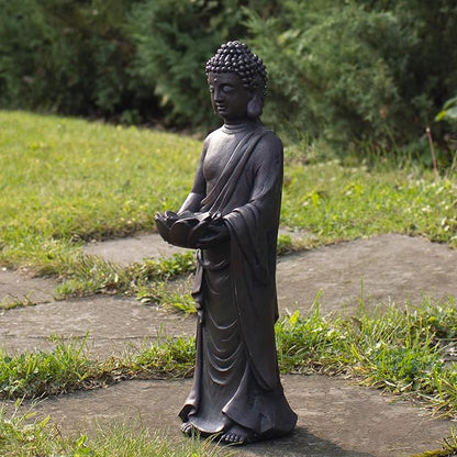 19.5" Gray Standing Buddha with Lotus Outdoor Garden Statue