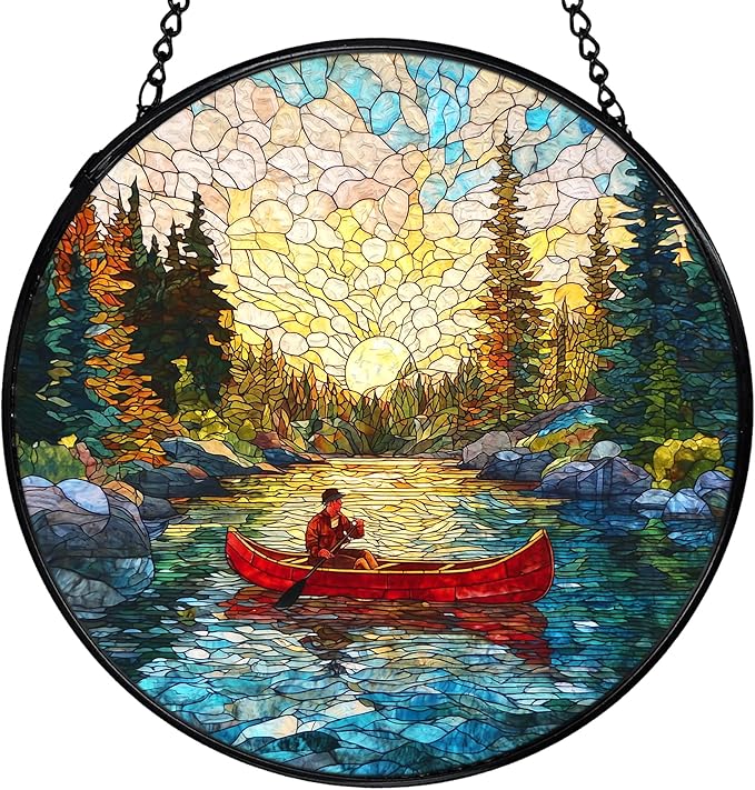 Lake Landscape Suncatchers Stained Glass Window Hanging, Nature Canoeing Man Lake Sun Catchers Indoor Window Glass Round Wall Decor, Lakehouse Wall Hanging Decorations, 7.9x7.9in