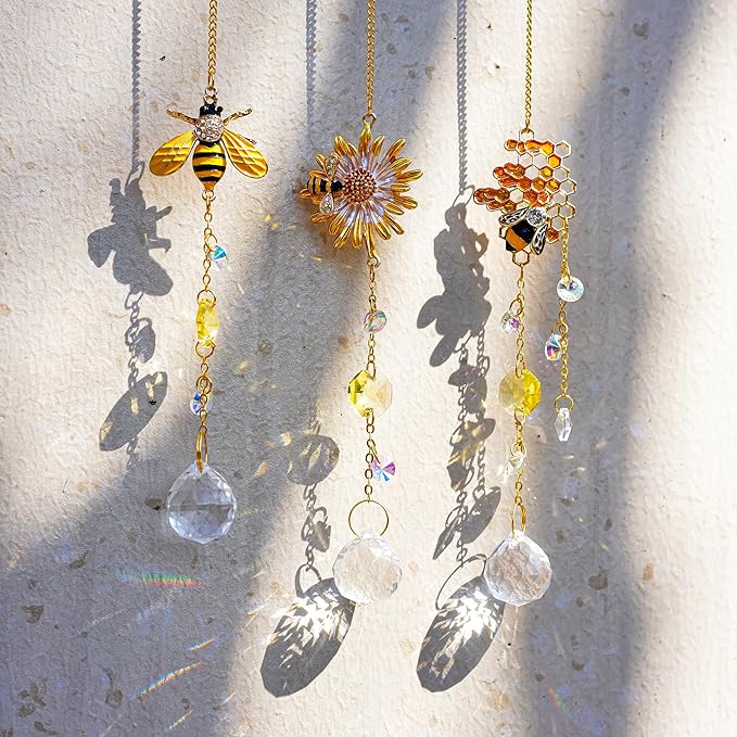 H&D HYALINE & DORA 3 Pack Sun Catcher Crystal Honeycomb Bee Ornaments Crystals Bumblebee Honeycomb with Glass Prisms Decor Garden Suncatcher Window Hanging Gifts for Women,Bee Lovers