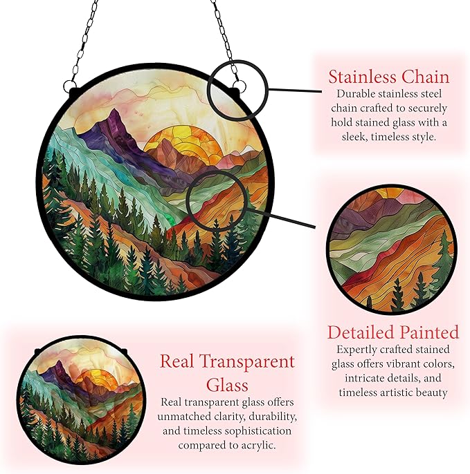Mountain Range Stained Glass Window Ornaments, Painted Suncatchers, Patio Decor, Outdoor Garden Decor, Balcony Decor, Home Decor, Glass Art, 7.8 inch