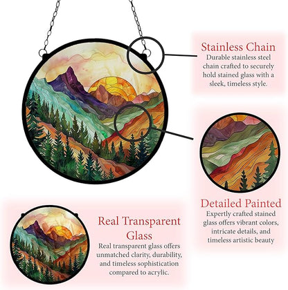 Mountain Range Stained Glass Window Ornaments, Painted Suncatchers, Patio Decor, Outdoor Garden Decor, Balcony Decor, Home Decor, Glass Art, 7.8 inch