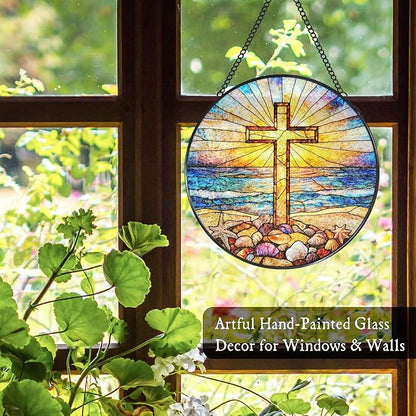 Cross Coastal Stained Glass Window Hanging Suncatcher, Christian Beach Shells Sunset Sun Catcher Indoor Window Decor Gifts, Religious Painted Glass Round Wall Hanging Decorations 7.8x7.8 in