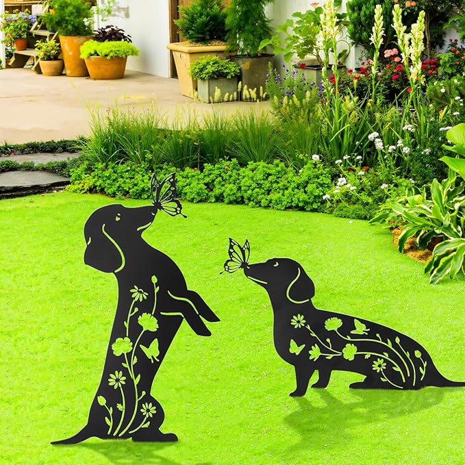 Ouddy Mode 2 Packs Dachshund Garden Decor for Outside, Gardening Dachshund Gifts for Women/Men/Mom/Grandma, Metal Decorative Garden Stakes for Outdoor Lawn Statues Yard Art