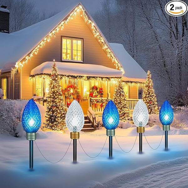 Moonflor Strawberry Super Jumbo C9 Christmas Pathway Lights Outdoor - 2 Pack Total 22 FT 10 LED Jumbo C9 Pathway Lights, Hanging Christmas Light Outdoor Decorations for Lawn Yard, Blue & Pure White