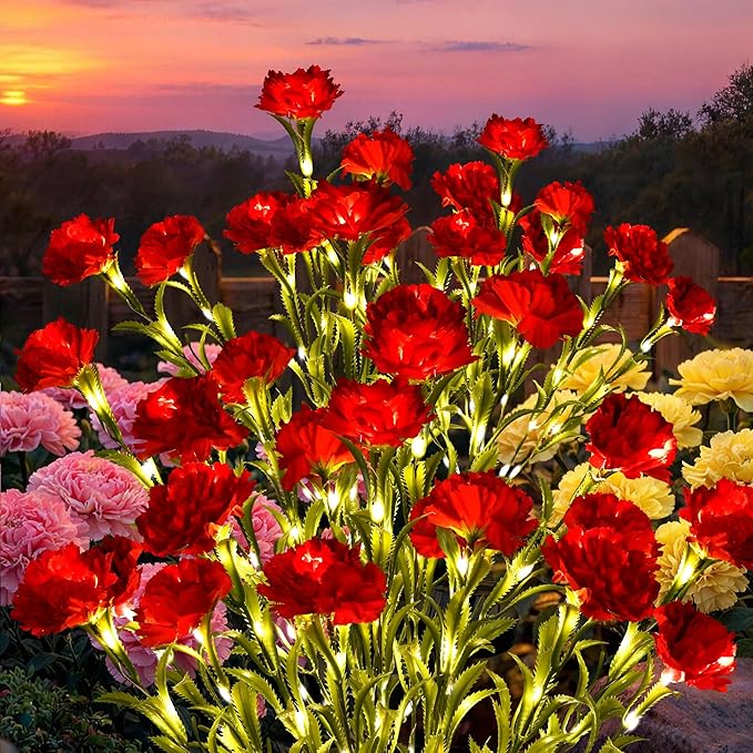 GIGALUMI Solar Lights Outdoor for Garden Decor, 4 Pack Solar Flower Lights Waterproof, 2 Lighting Modes 28 Carnations for Pathway,Yard, Patio Decoration, Gardening Gifts for Women (Red)