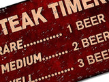 Funny Beer Sign Steak Timer - Metal BBQ Rules Sign, Outdoor Tin Signs for Patio, Kitchen, Pub, Man cave, Tiki Bar Decor 12x8 Inch Aluminum