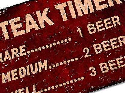 Funny Beer Sign Steak Timer - Metal BBQ Rules Sign, Outdoor Tin Signs for Patio, Kitchen, Pub, Man cave, Tiki Bar Decor 12x8 Inch Aluminum