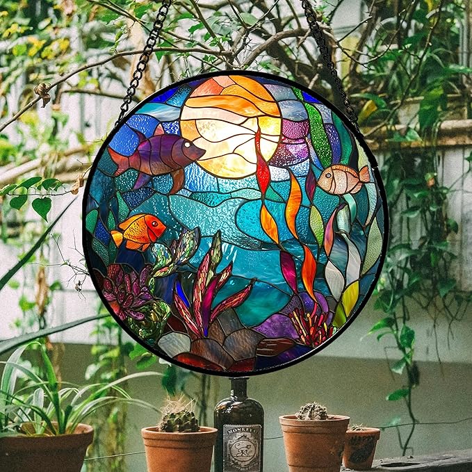 Stained Glass Window Hanging - Blue Ocean World Small Fish Coral Sun Catcher for Door Garden Home Decor Sea Suncatcher Christmas Mother's Day Birthday Gifts for Women Men Mom Nana 7.8 in