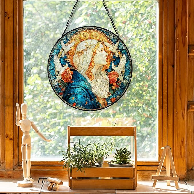 Christian Virgin Mary Suncatcher Garden Stained Glass Window Hanging, Our Lady of Grace Sun Catchers Indoor Window Glass Round Wall Decor, Religious Wall Art Hanging Decorations, ＂7.8x7.8＂