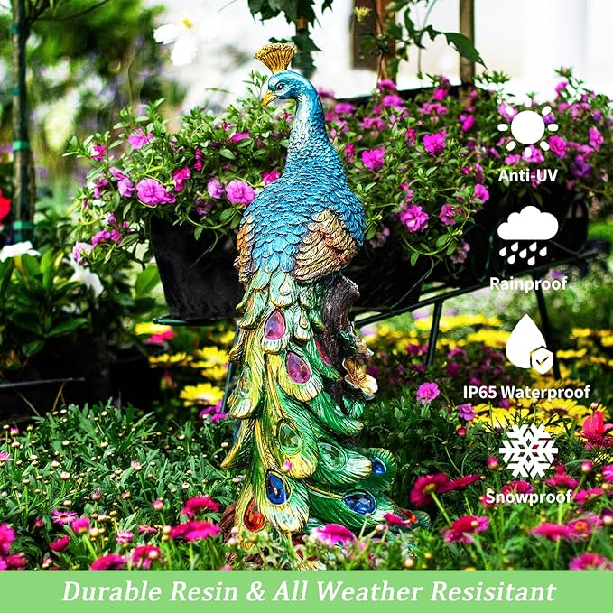 Solar Peacock Statues Garden Outdoor Decor Porch Patio Lawn Yard Art Decorations Peacock Sculpture with LED Lights Birthday Housewarming Christmas Gardening Gifts for Mom Women