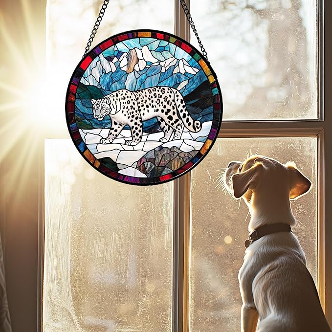 CHATYOUNG Stained Glass Window Hanging Mountain Snow Leopard Large 15" - Fine Retro Suncatcher Door Garden Sunroom Sun Catcher Home Decor Father's Day Birthday Christmas for Mom Woman Men Father