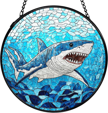 Blue Ocean Beach Shark Suncatchers Stained Glass Window Hanging, Shark Decor Sun Catchers Indoor Window Glass Round Wall Decor, Coastal Beachy Wall Hanging Decorations, 7.9x7.9in