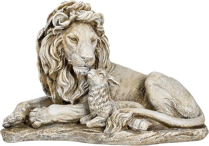 Joseph's Studio Lion and Lamb Garden Statue – 12.5" Religious Outdoor Décor – Peaceful Resin Sculpture for Yard, Patio, or Memorial Display
