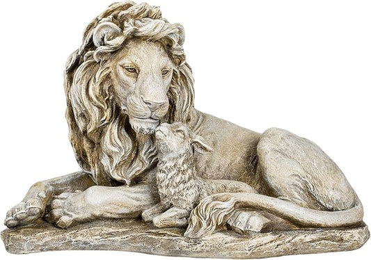 Joseph's Studio Lion and Lamb Garden Statue – 12.5" Religious Outdoor Décor – Peaceful Resin Sculpture for Yard, Patio, or Memorial Display