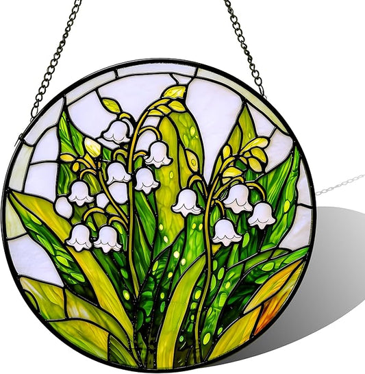 Stained Glass Sun Catcher,Valley FlowersStained Glass Window Hanging Garden Decor,Sun Catchers Indoor Window,Whimsical Decoration for Home Backyard Patio Lawn Porch with 6.3 INCH