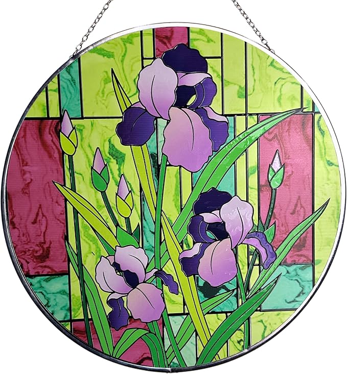 Hanway Suncatcher in Colorful Stained Glass 12" Dia - Genuine Brightly Colored Glass, Protective Metal Edge, Ready to Use Hanging Chain, for Window, Garden (Iris)