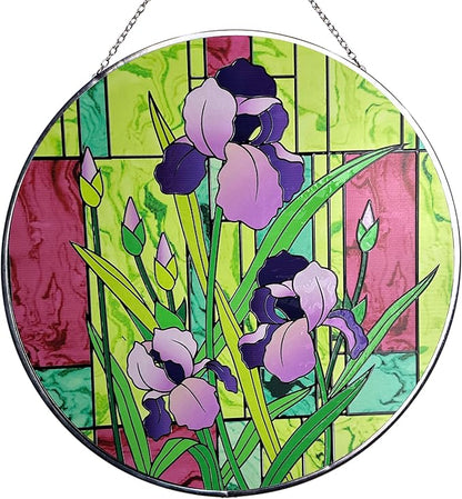 Hanway Suncatcher in Colorful Stained Glass 12" Dia - Genuine Brightly Colored Glass, Protective Metal Edge, Ready to Use Hanging Chain, for Window, Garden (Iris)